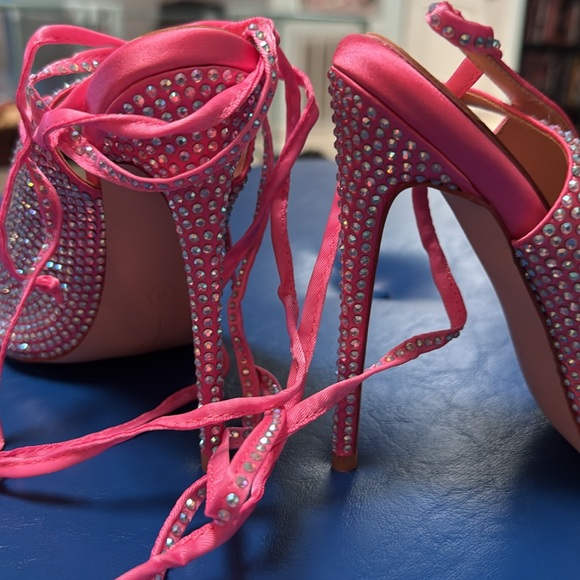 Cult of Coquette Kim Pink Satin Crystal Open Toe Heels
Size 6 new - Picture 6 of 6